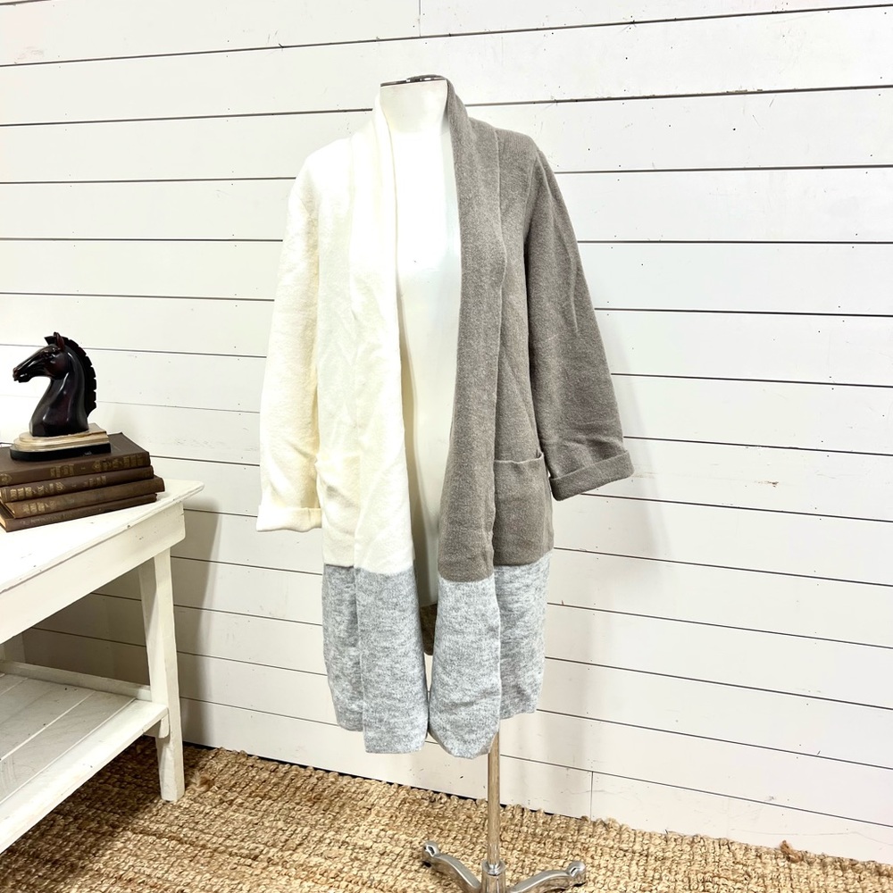 Donna karan open front cardigan medium NWT wool nylon spandex tan gray cream
